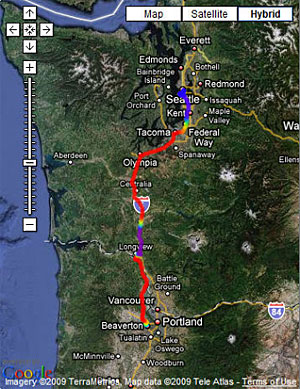 Google Map of Beaverton to Seattle trip