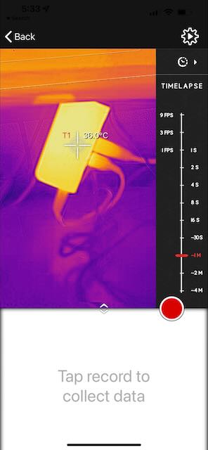 Screenshot from the Vernier Thermal Analysis Plus app shoring a bright region surrounded by darker regions, indicating temperatures. A crosshair is marked on the image showing a temperature of 36°C. To the right of the screenshot is a timelapse control ranging from 9 FPS to ~4 M. THe bottom portion of the image has the words: "Tap record to collect data"