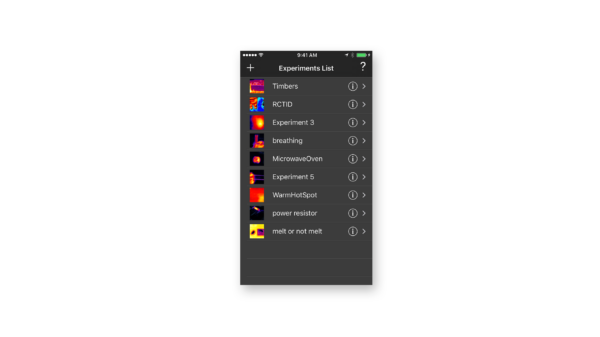 Experiment list in Vernier Thermal Analysis Plus app