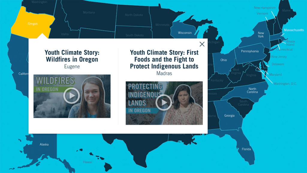 Climate Stories Map showing two Youth Climate Stories from Oregon.