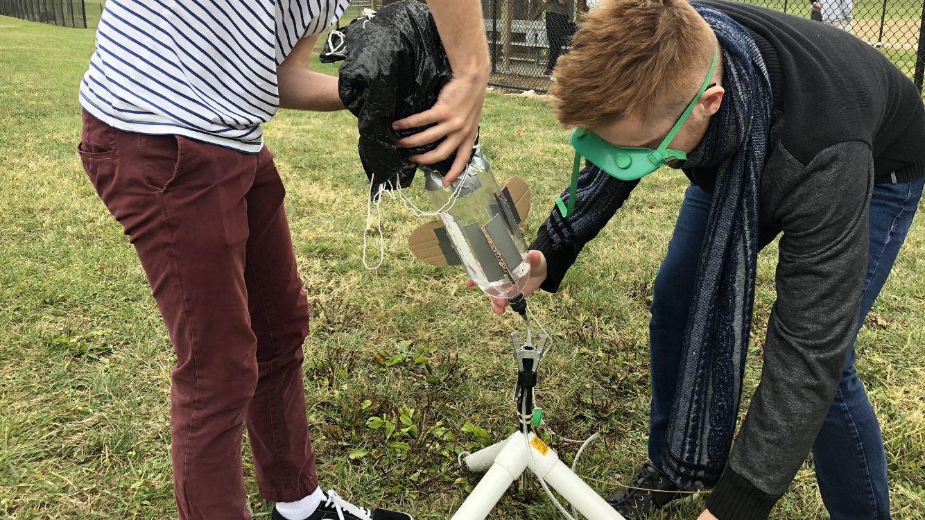 Students build rockets to explore force and motion in Pat Counts’ AP Physics C class.